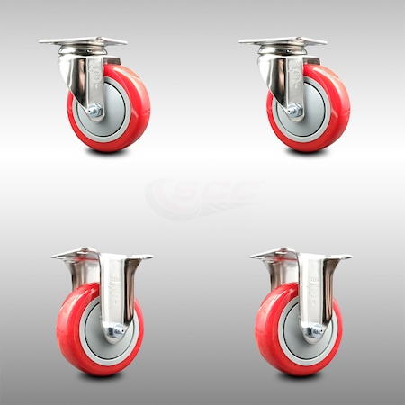 Service Caster 4 Inch 316SS Red Polyurethane Wheel Swivel Top Plate Caster Rigid SCC, 2PK SCC-SS31620S414-PPUB-RED-2-R-2